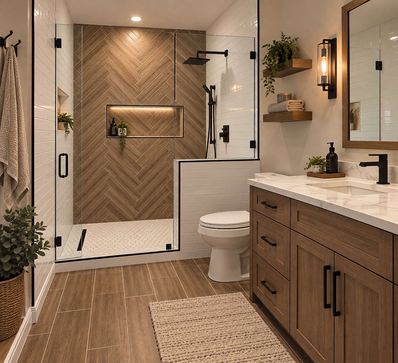 Bathroom with a wood-look herringbone shower wall, illuminated niche, glass enclosure and wood vanity